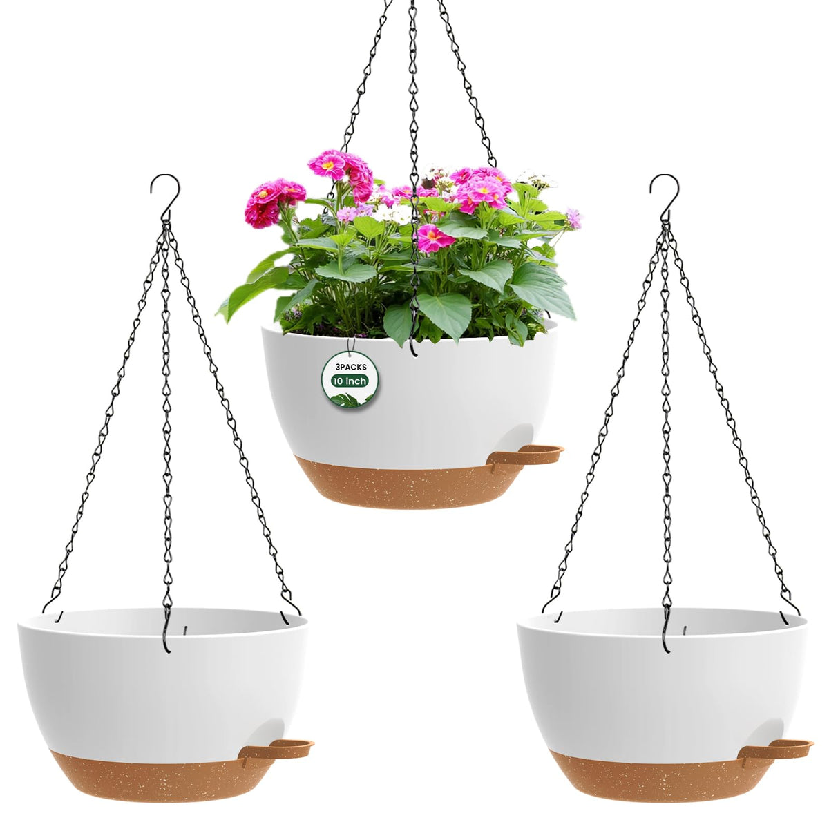 3 Pack 10 Hanging Flower Pots with Chains Self Watering Plastic Planters for Indoor Outdoor Plants, Sturdy Triangular Iron Chain Design for Garden PorchPlastic Hanging Flower pots (3, Black)