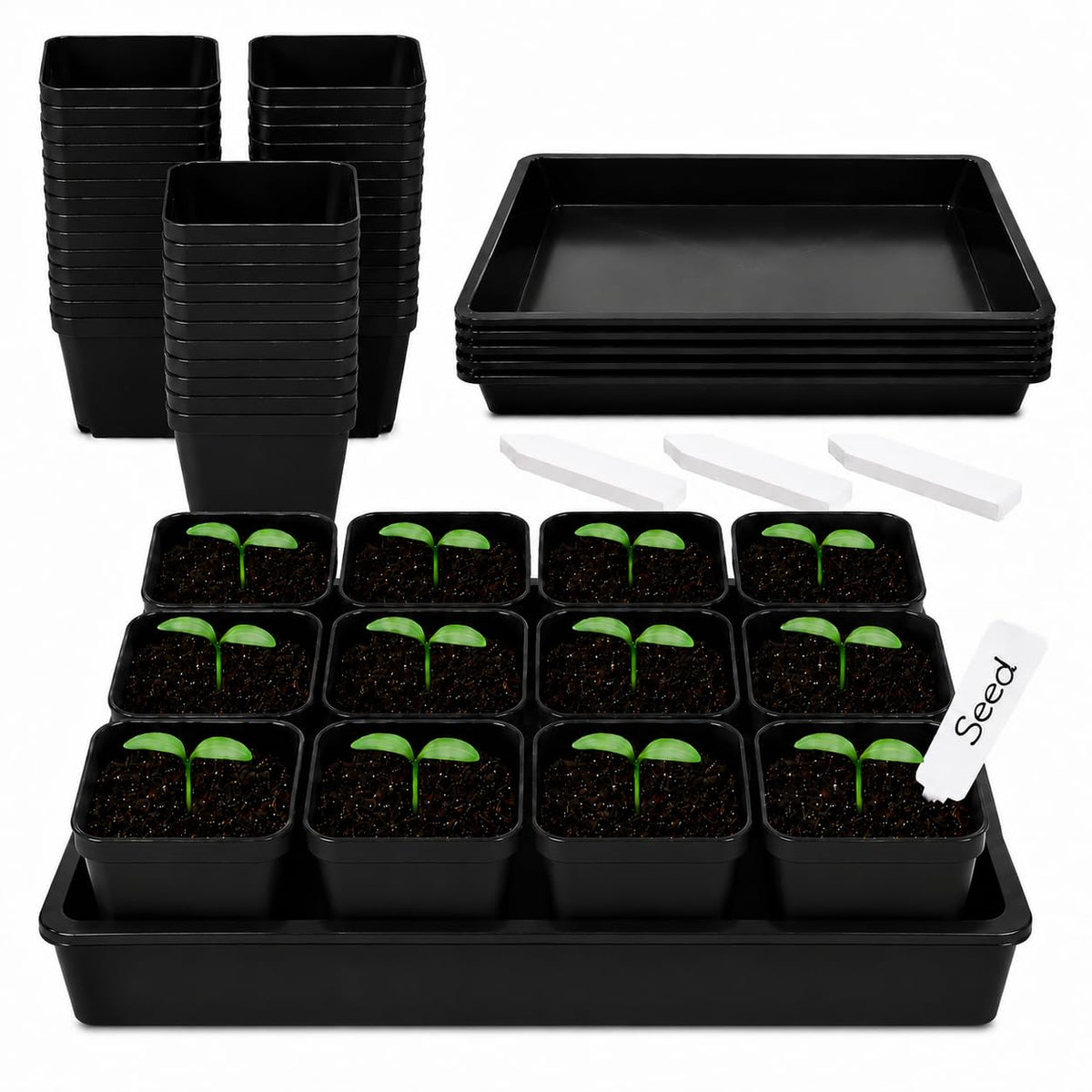 5 Pack Plastic Seed Starter Tray with 60pcs 3.5 inch Seedling Pots