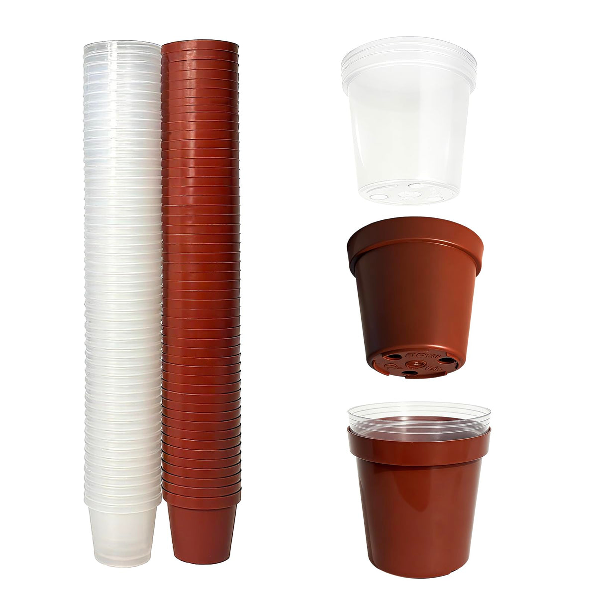 2 Inch Square Nursery Pots, 50 Pack (25 Clear + 25 Black) Seedling Starter Pots, Plastic Plant Pots with Drainage Holes, for Seed Germination, Root View, and Light Blocking