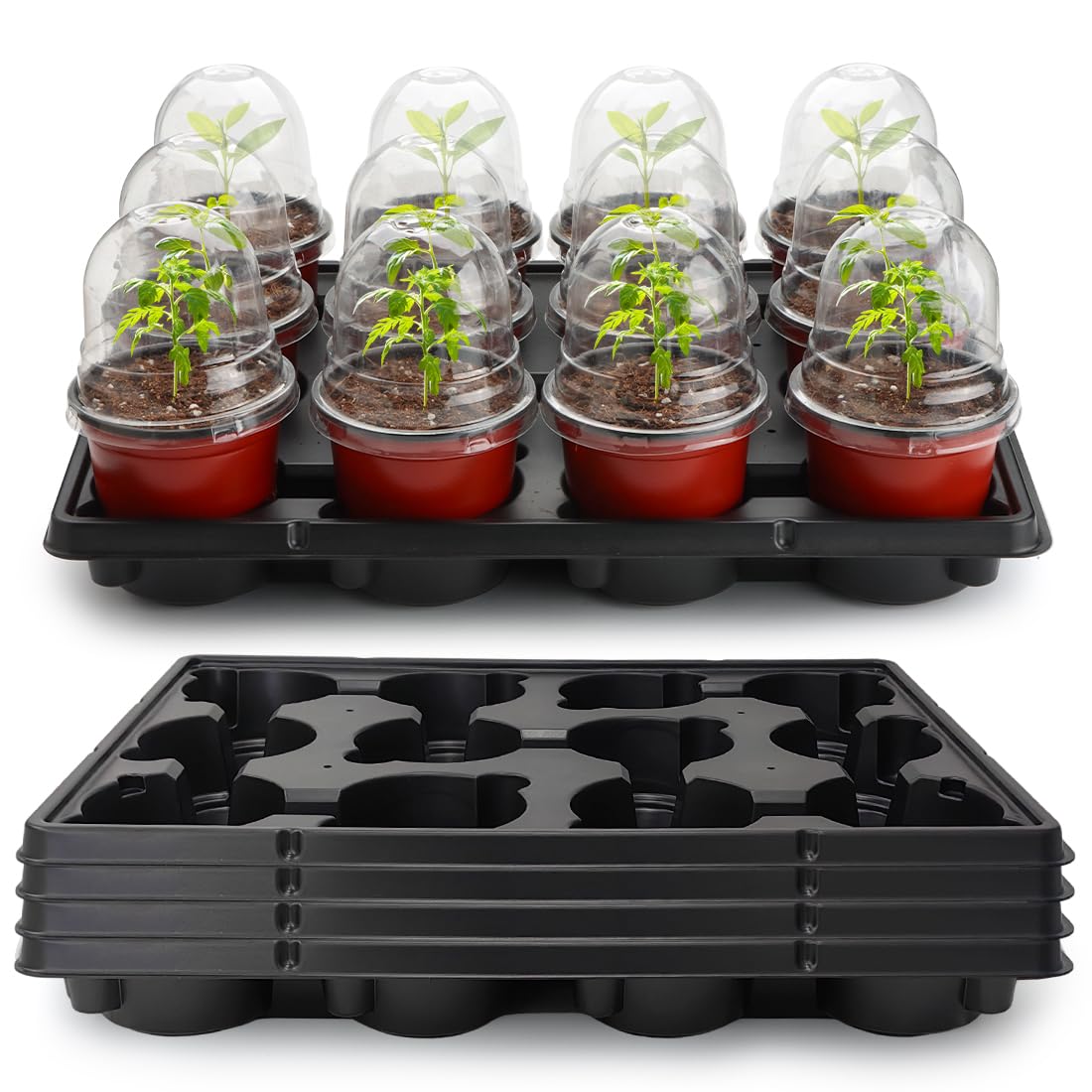 RooTrimmer 4 Inch Plastic Plant Pots 60 Pcs and 12 Cell Nursery Pots Trays 5 Pcs, Thick Sturdy Seeds Starting Germination Shuttle Carrying Trays, Black Small Planter Nursery Propagation 5 Sets