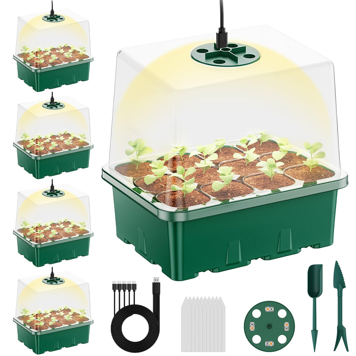 Seed Starter Tray with Grow Light, 5 Pack 60 Cells Seed Starter kit with Humidity Dome and Base, Plant Seedling Trays Indoor Greenhouse Gardening (Black 5 Pack)