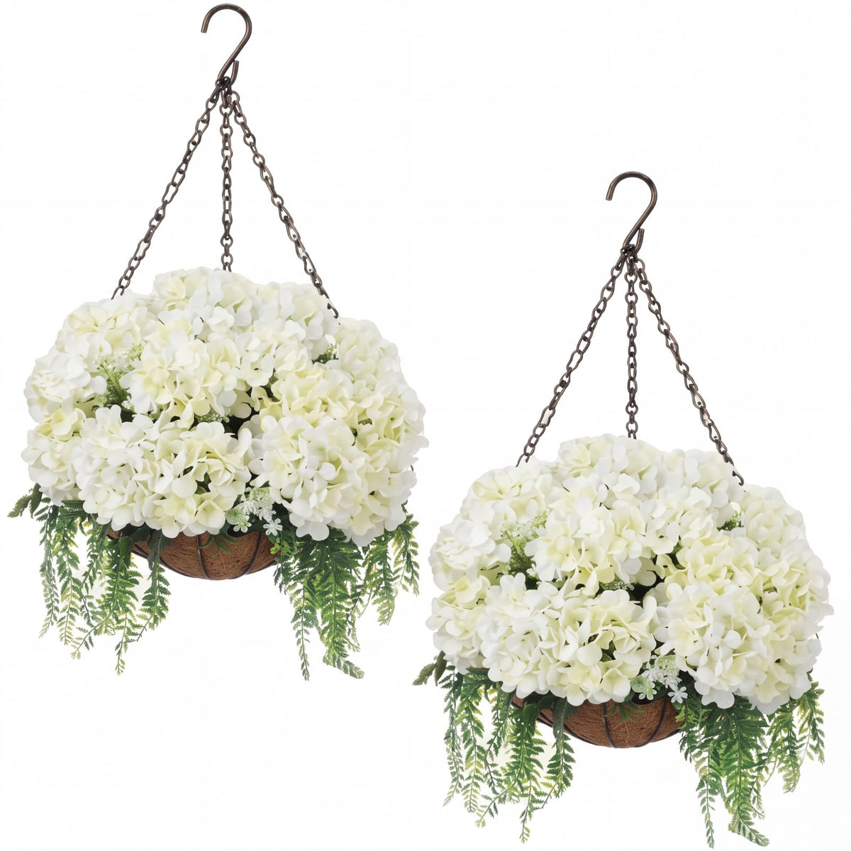 2 Pack Artificial Hanging Hydrangea Flowers with Basket for Outdoor, White