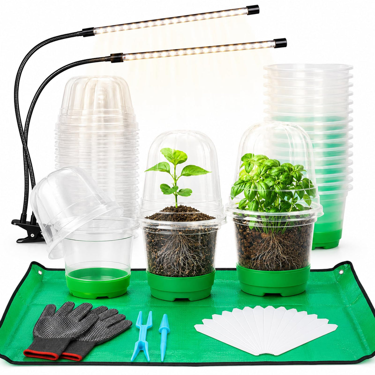 59Pcs Clear Nursery Pots Kits with Grow Light Includes 22 Pack 4'' Seed Starter Pots with Silicone Base & Lids, Clear Plant Pots for Propagation, Seedling Pots Kit with Drainage, Labels, Repotting Mat