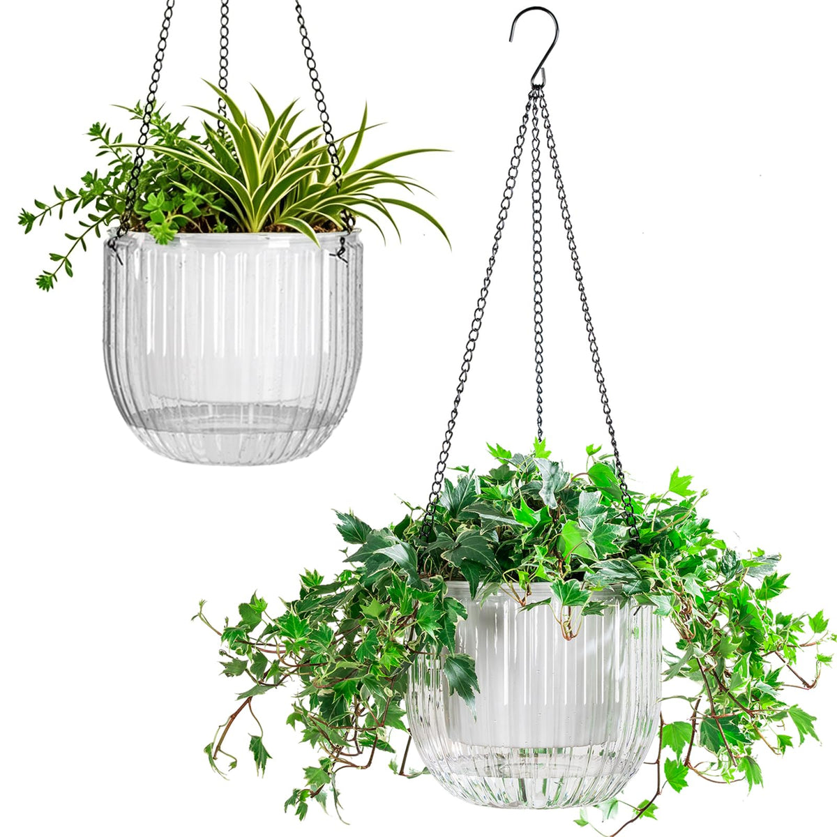 Melphoe 2 Pack Self Watering Hanging Planters Indoor Flower Pots, 6.5 Inch Outdoor Hanging Basket, Plant Hanger with 3Hooks Drainage Holes for Garden Home (Emerald)