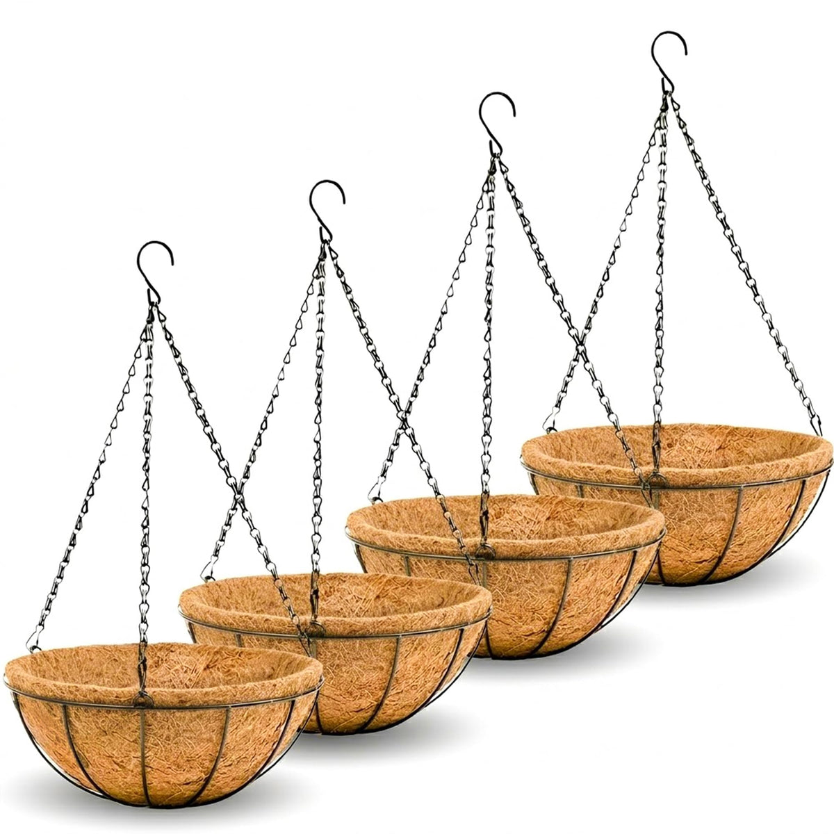 14 inch Metal Hanging Baskets For Plants Outdoor 4 Pack Round Metal Wire Hanging Basket Planter with Coco Fiber Liners Chain Round Wire Plant Holder for Garden, Patio, Deck, Porch Plants Flower Potss