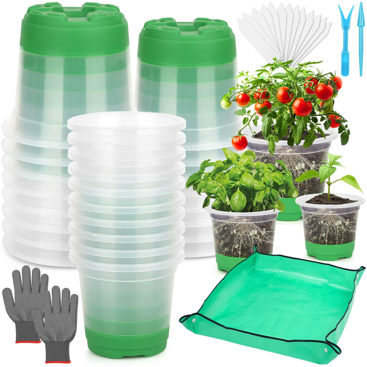 Caffox 45PCS Reusable Seed Starter Kit Includes 20 Packs 5" Clear Nursery Pots with Silicone Base, Repotting Mat, Gardening Gloves, Plant Labels and Seedling Tools for Easy Transplant