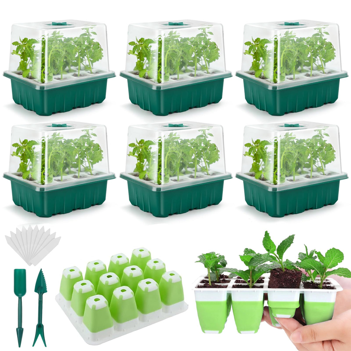Seed Starter Tray, 48 Cells Indoor Seed Starter Kit, Flexible Silicone Designed Seedling Starter Trays, Germination Tray with Humidity Dome & Lids(4in Height), Reusable & Dishwasher Safe, BPA-FREE