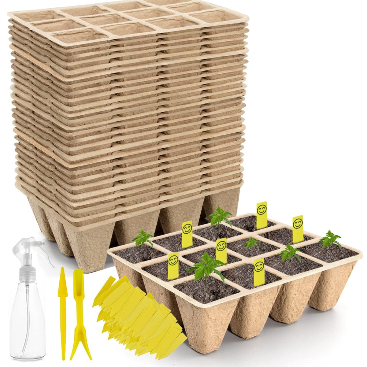 200 Cells Seed Starter Tray, 20 Pack Biodegradable Seed Starter Kit, Peat Pots for Seedlings with 200 Plant Labels, 2 Seed Planting Tool and 1 Spray Bottle
