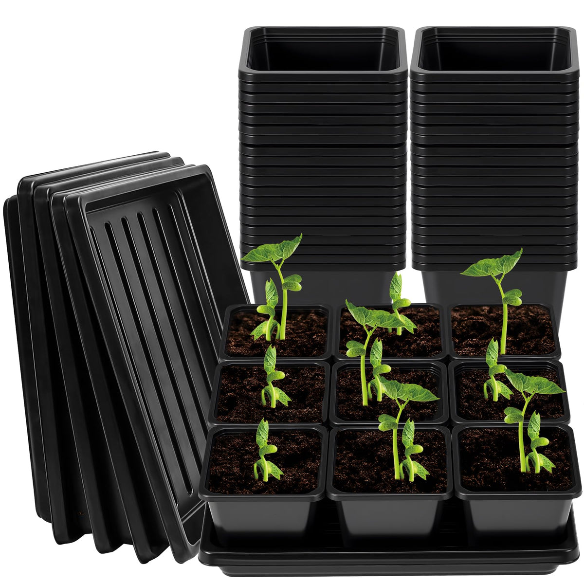 2.6in 100 Pcs Square Nursery Pots with 5 Pcs Plastic Seed Starting Trays