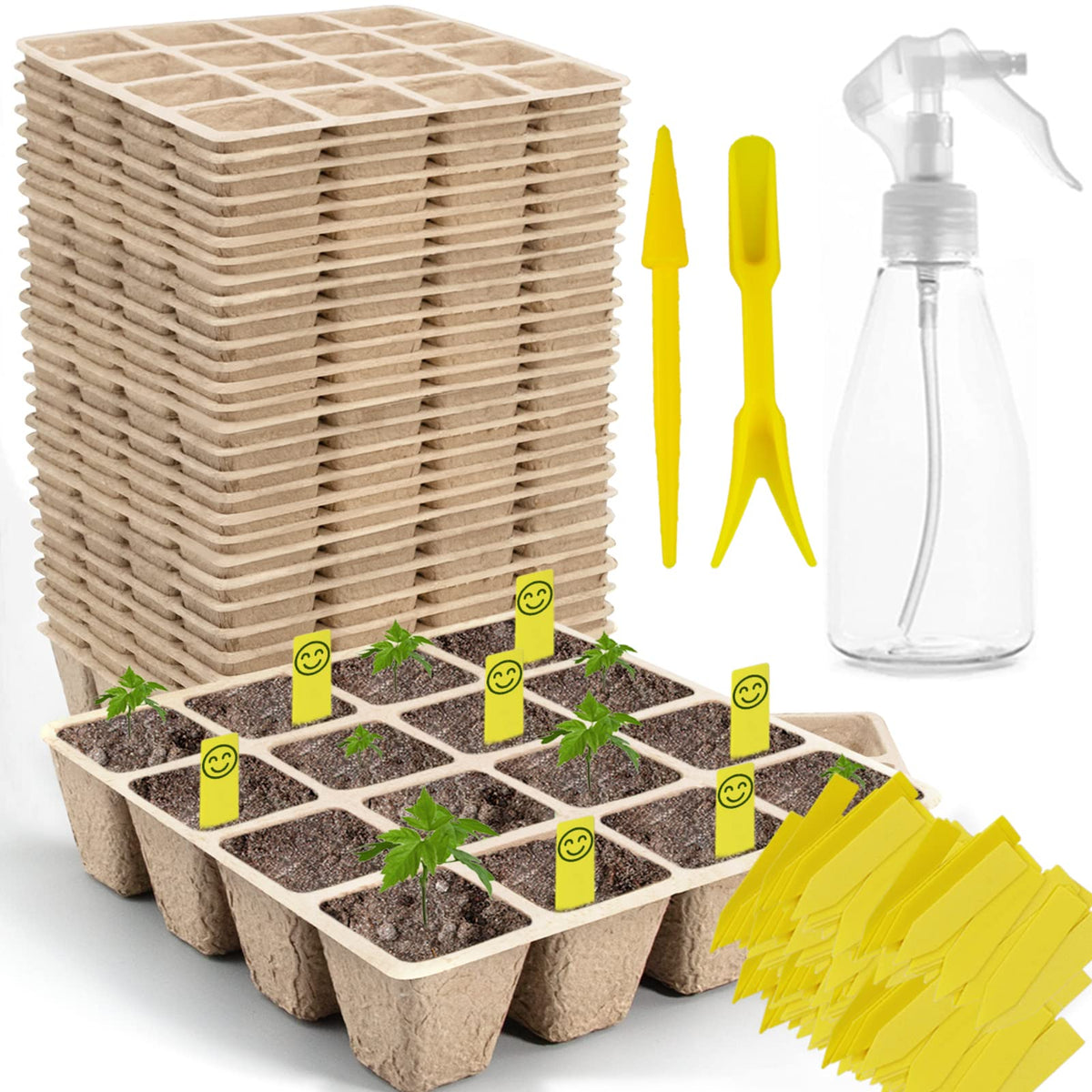 200Cells Seedling Start Trays with Drain Holes,20pcs Peat Pots Seedling Pots Biodegradable,Seedling Starter Kit,Organic Germination Plant Starter Trays(200xLabels,2xTransplant Tools,1xSpray Bottle)