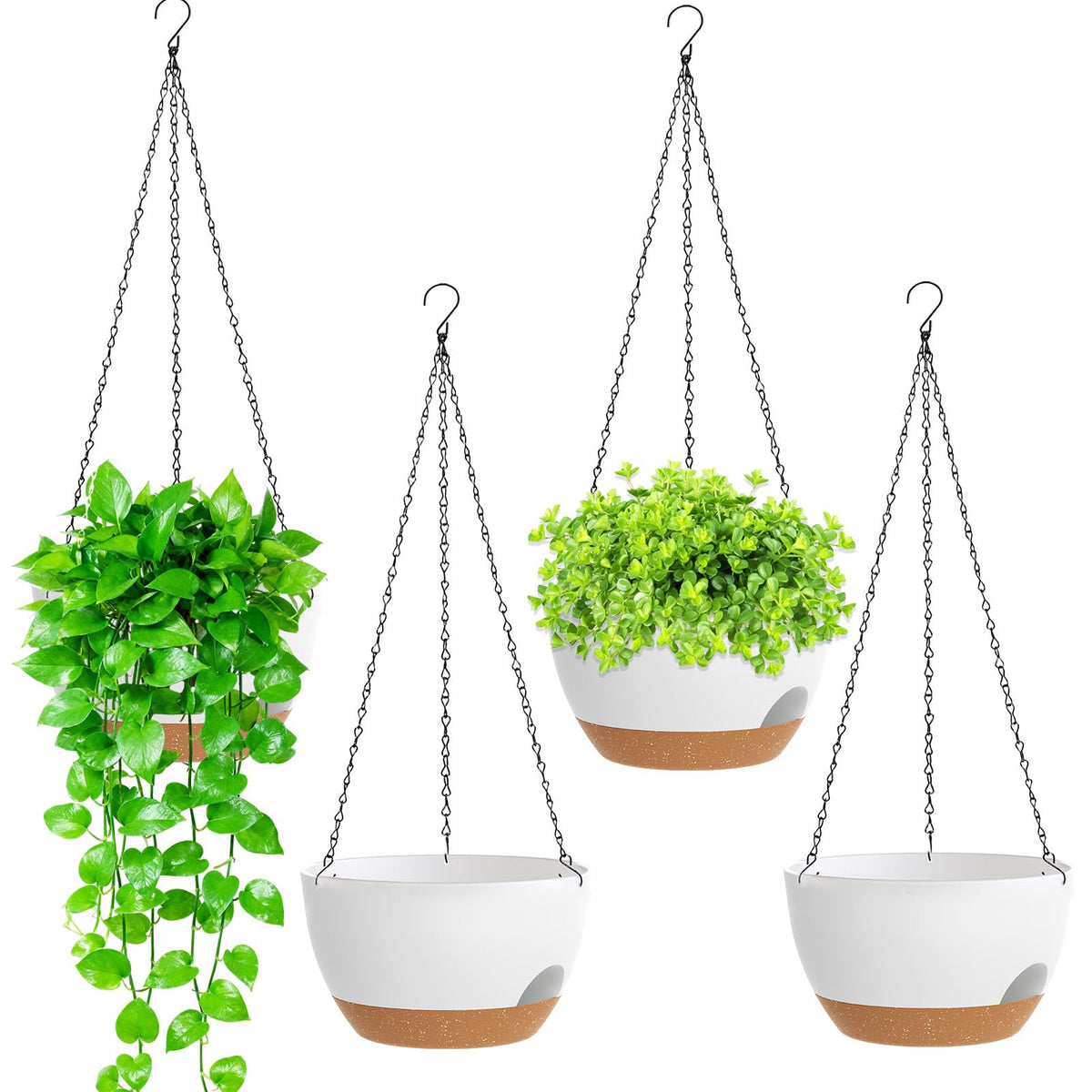 8 Inch Hanging Planters for Indoor Outdoor Plants, 4 Pack Black Plastic Self Watering Hanging Baskets with Drainage Holes and Chain for Garden Porch