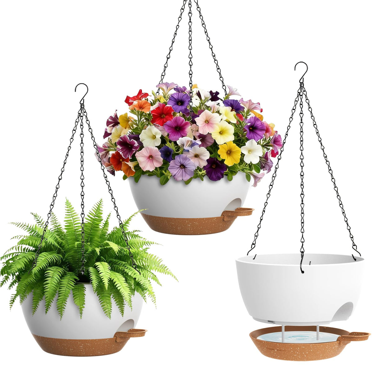 UOUZ 4 Pack 8 Inch Self Watering Hanging Planters for Indoor Outdoor Plants,Hanging Pots for Plants with Drainage Removable Tray, Hanging Baskets Flower Pots for Pothos Spider Garden Black with Brown
