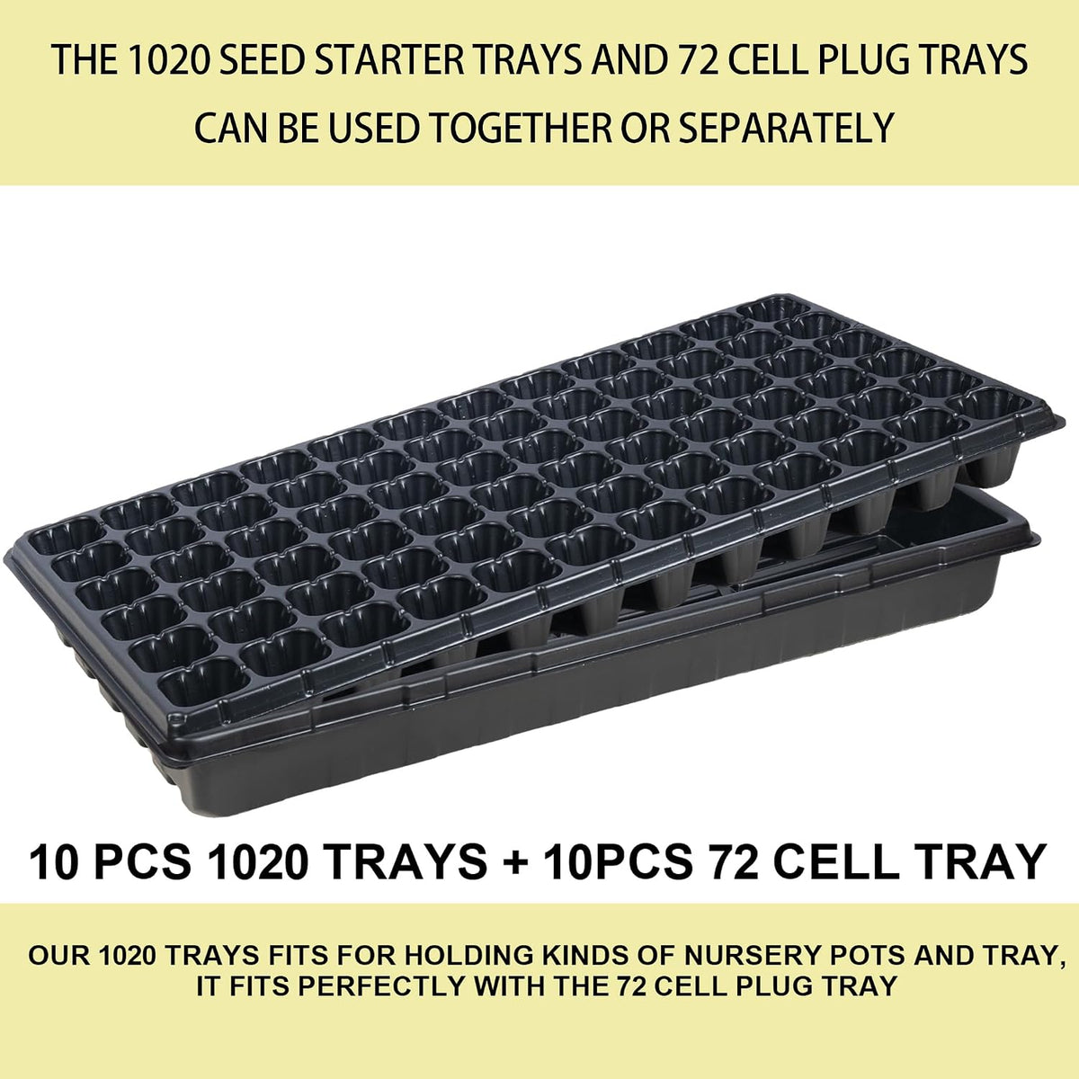 Hourleey 20 Pack Trays Include 10 Pack 1020 Seed Starter Trays and 10 Pack 72 Cell Plug Trays, Thick Durable Plastic Plant Nursery Tray, Propagation Tray for Seedlings Microgreens Fodder Plant