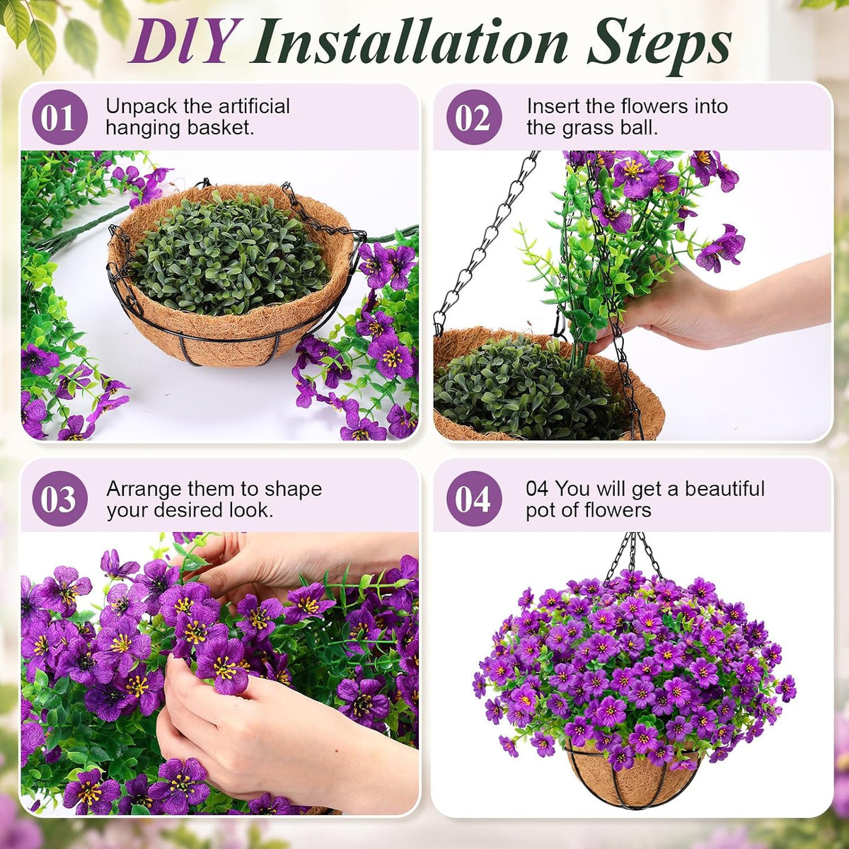 Sosation 4 Sets Artificial Hanging Flowers Basket for Outdoor Decor