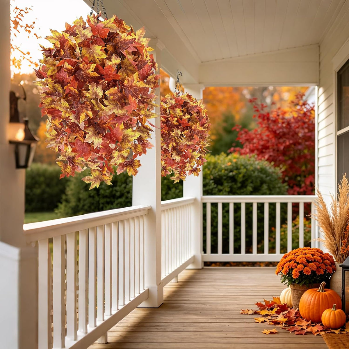 HUAESIN 2 Set Fall Hanging Baskets Outdoor with Maple Leaves
