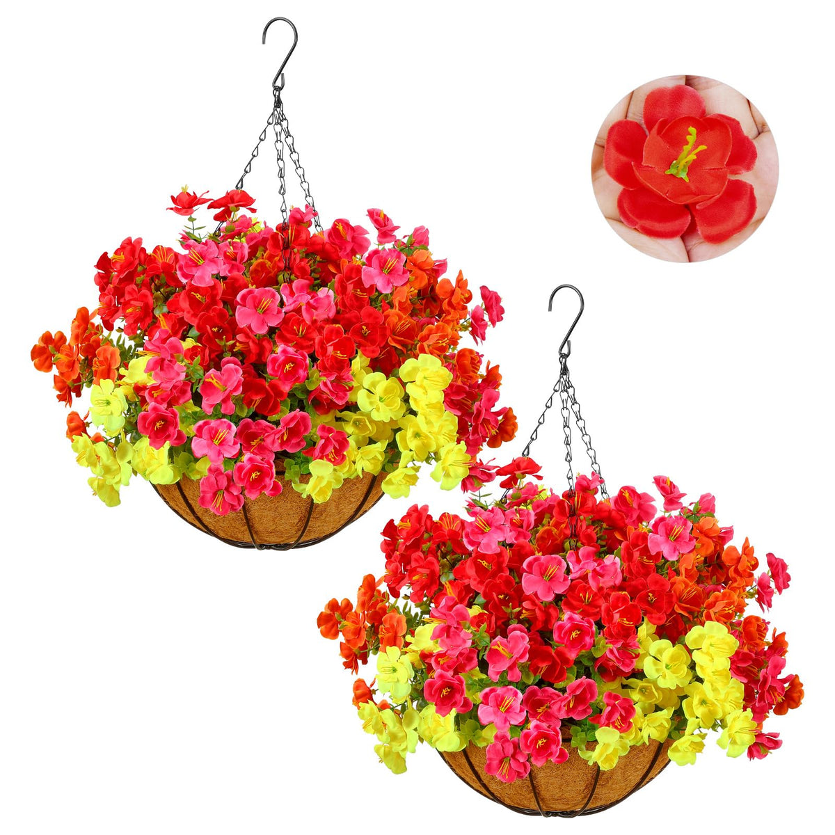 2 Set Artificial Outdoor Flowers with Hanging Basket, Outside Decor