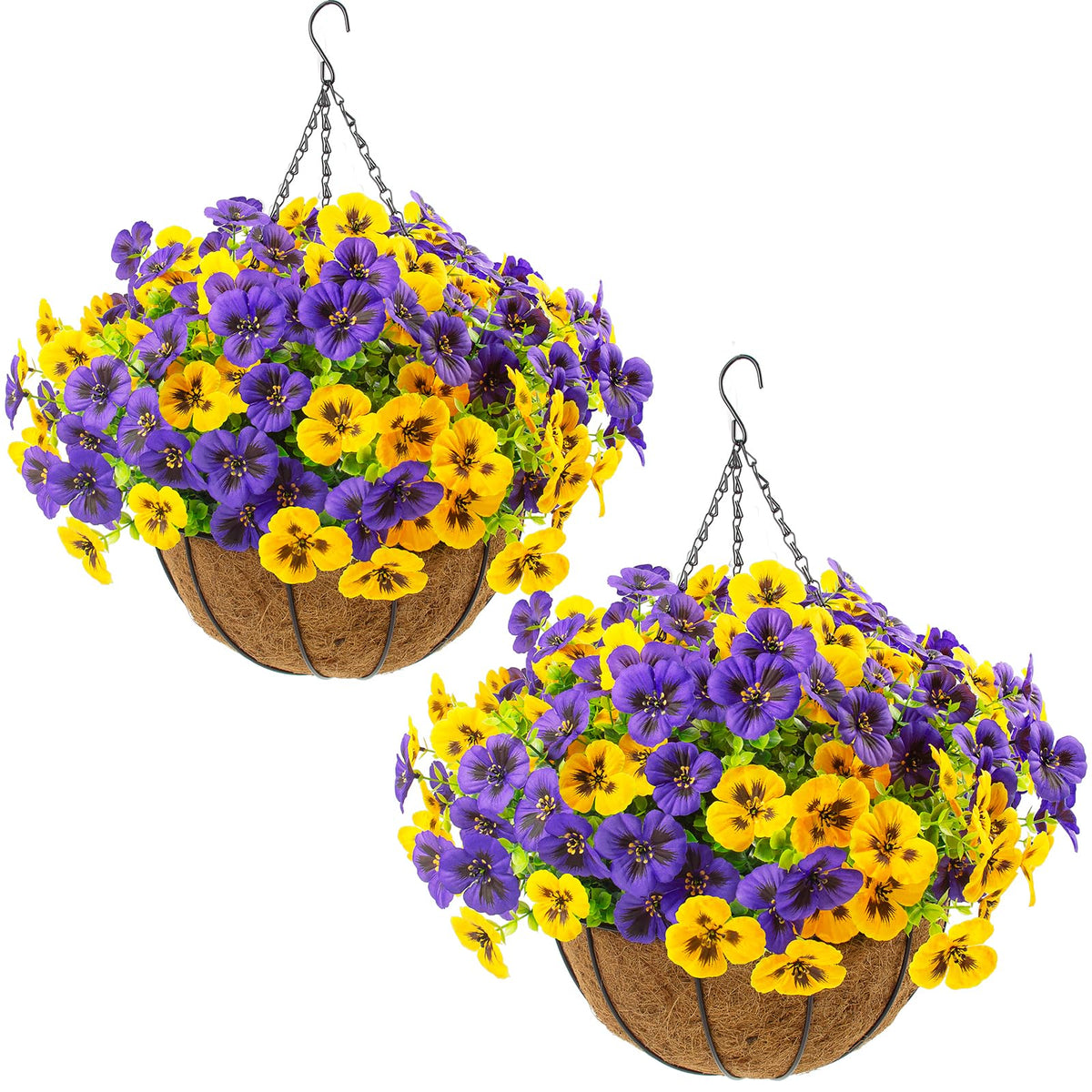 lovemoon 2 Set Artificial Outdoor Pansy Flowers with Hanging Baskets