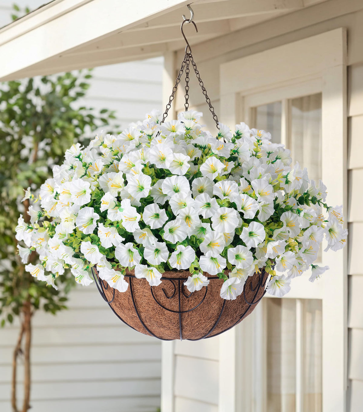 HyeFlora Artificial Fall Hanging Flowers with Basket Faux Plants for Outdoors, Fake Silk Morning Glory with Eucalyptus in Planter UV Resistant Outdoor Flowers for Outside Porch Patio Garden Home