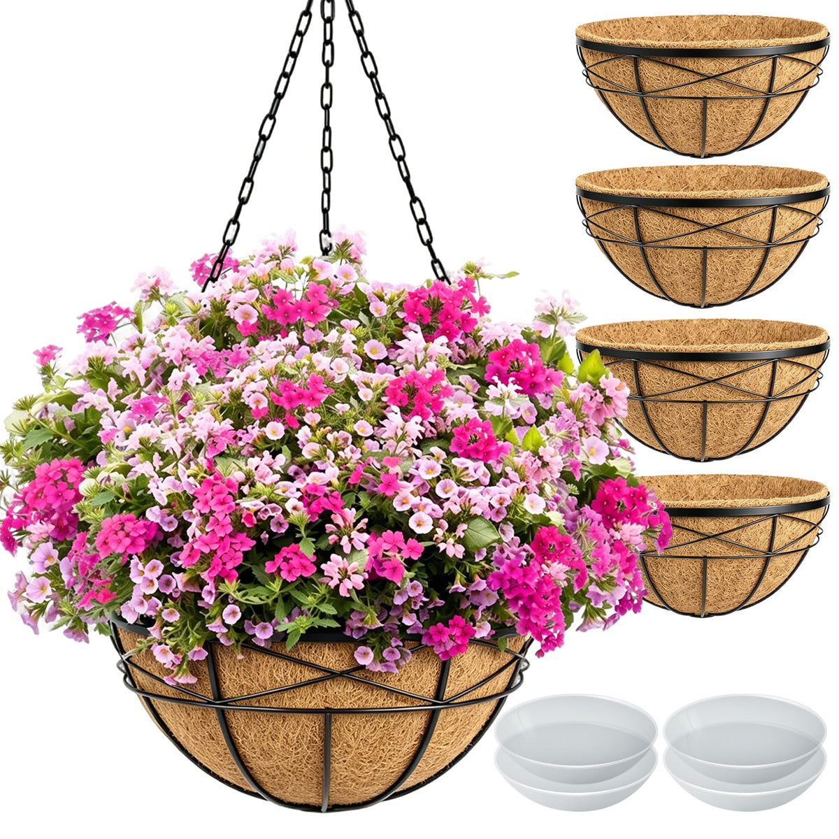 4 Pack 12 Inch Hanging Planters for Outdoor Plants Metal Watering Flower Baskets with Coco Liner for Outside Planting Plant Holder Pot for Home Garden Porch Balcony Railings Decor