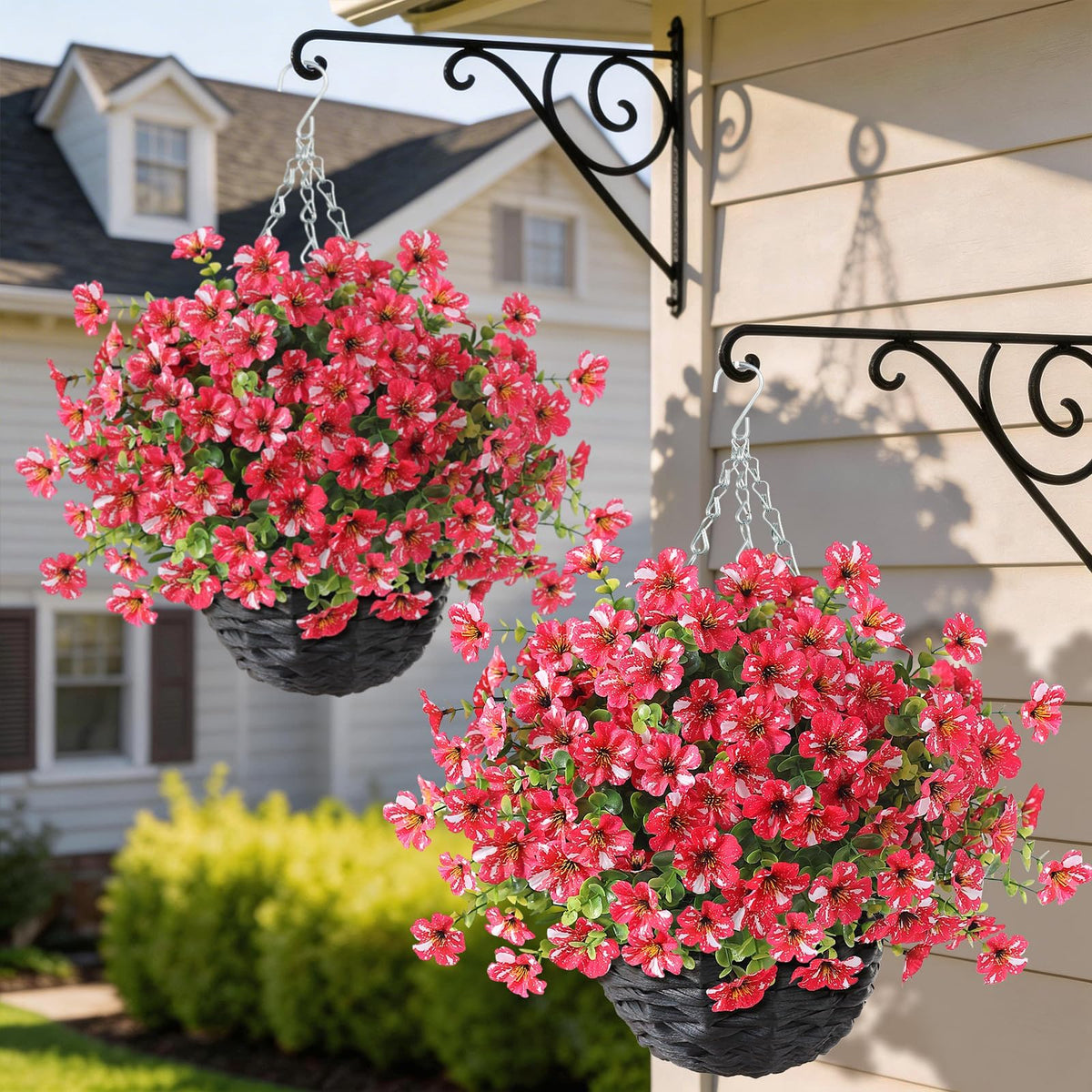 2PCS Fake Eucalyptus Silk Flower Hanging Plant for Porch Decor(Red)