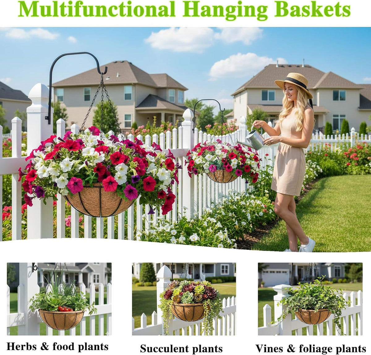 EIMQUVW 4 Pack Hanging Planter Basket Outdoor Large Hanging Flower Pots Indoor 12 inch with Coco Coir Liner Round Wire Plant Holder Chain Hanging Basket Garden for Home Decor Balcony Office1