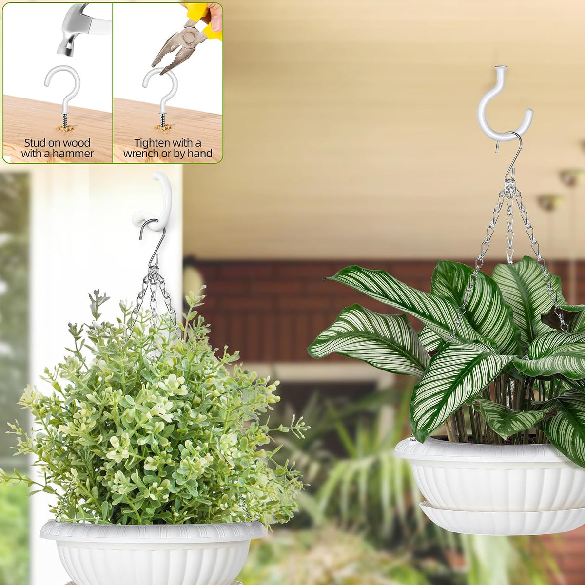 Hanging Planters, 5 Pcs 11" Hanging Pots, White Hanging Flower Pots, Hanging Plant Pots Baskets for Plants with Drainage Trays, Hanging Chains and Ceiling Hooks, Come with Free Garden Tools Set