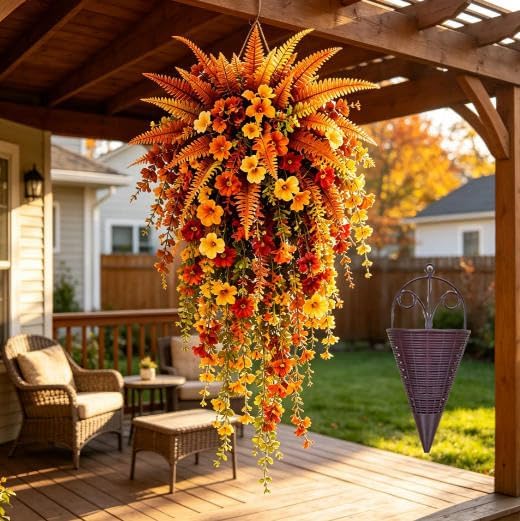 Artificial Fall Harvest Hanging Basket, Artificial Hanging Flowers for Outdoors, UV-Resistant Faux Outdoor Fall Flowers Persian Grass & Morning Glory – Autumn Porch & Door Decoration (1set)