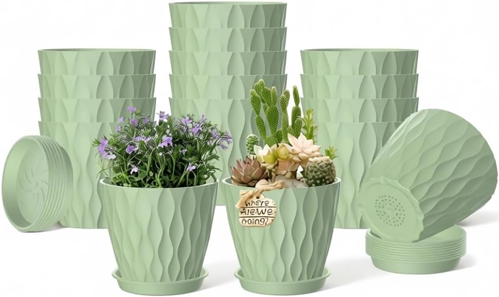 16 Pack 4 Inch Plastic Planter Pots with Tray, Heavy Duty Indoor Outdoor Planter Pots with 48 Drainage Holes for Herbs, Succulents, Seedlings, Flowers Durable and Lightweight Light Green