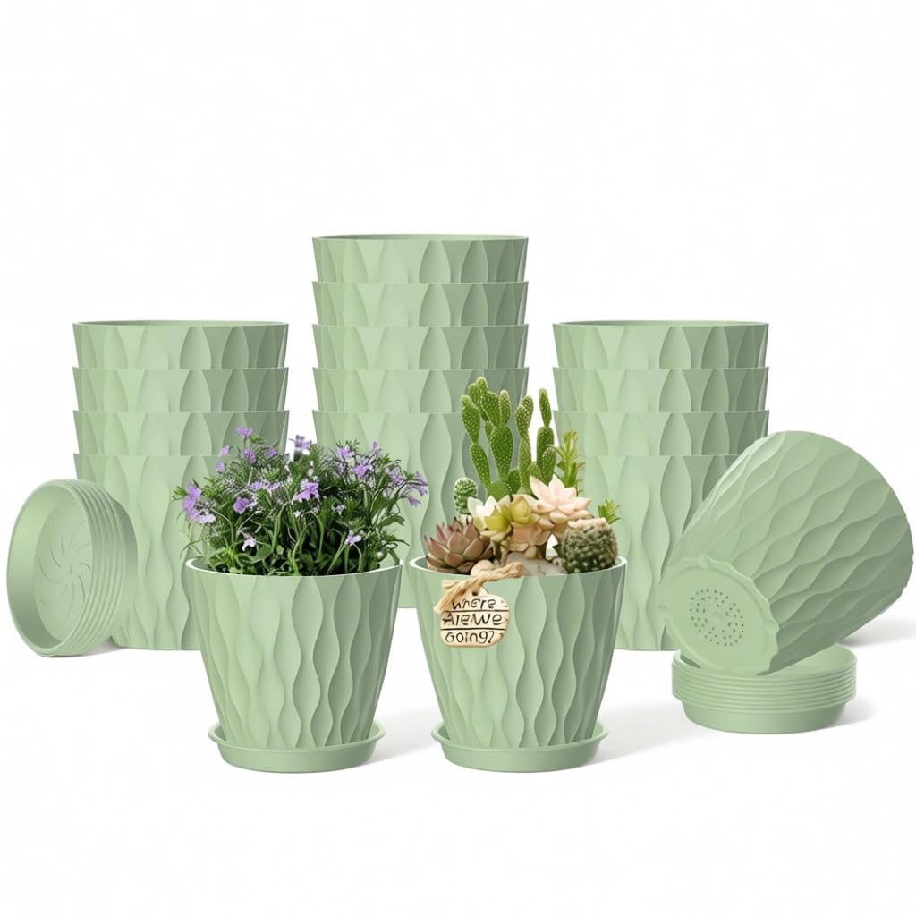 16 Pack 4 Inch Plastic Planter Pots with Tray, Heavy Duty Indoor Outdoor Planter Pots with 48 Drainage Holes for Herbs, Succulents, Seedlings, Flowers Durable and Lightweight Light Green