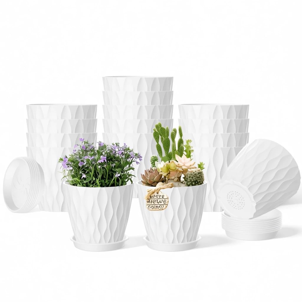 16 Pack 4 Inch Plastic Planter Pots with Tray, Heavy Duty Indoor Outdoor Planter Pots with 48 Drainage Holes for Herbs, Succulents, Seedlings, Flowers Durable and Lightweight Light Green