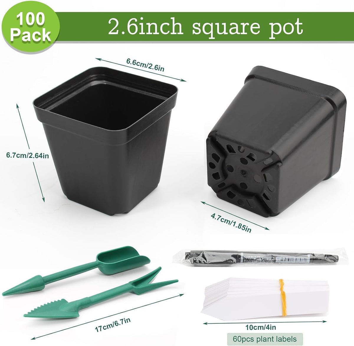 100 Pcs 2.6" Square Nursery Pots for Seeds - Thickened Reusable Plastic Seedling Pots with 60 Plant Labels & Tools - Seed Starter Pots with Drainage for Succulents, Flowers, Cuttings & Greenhouse