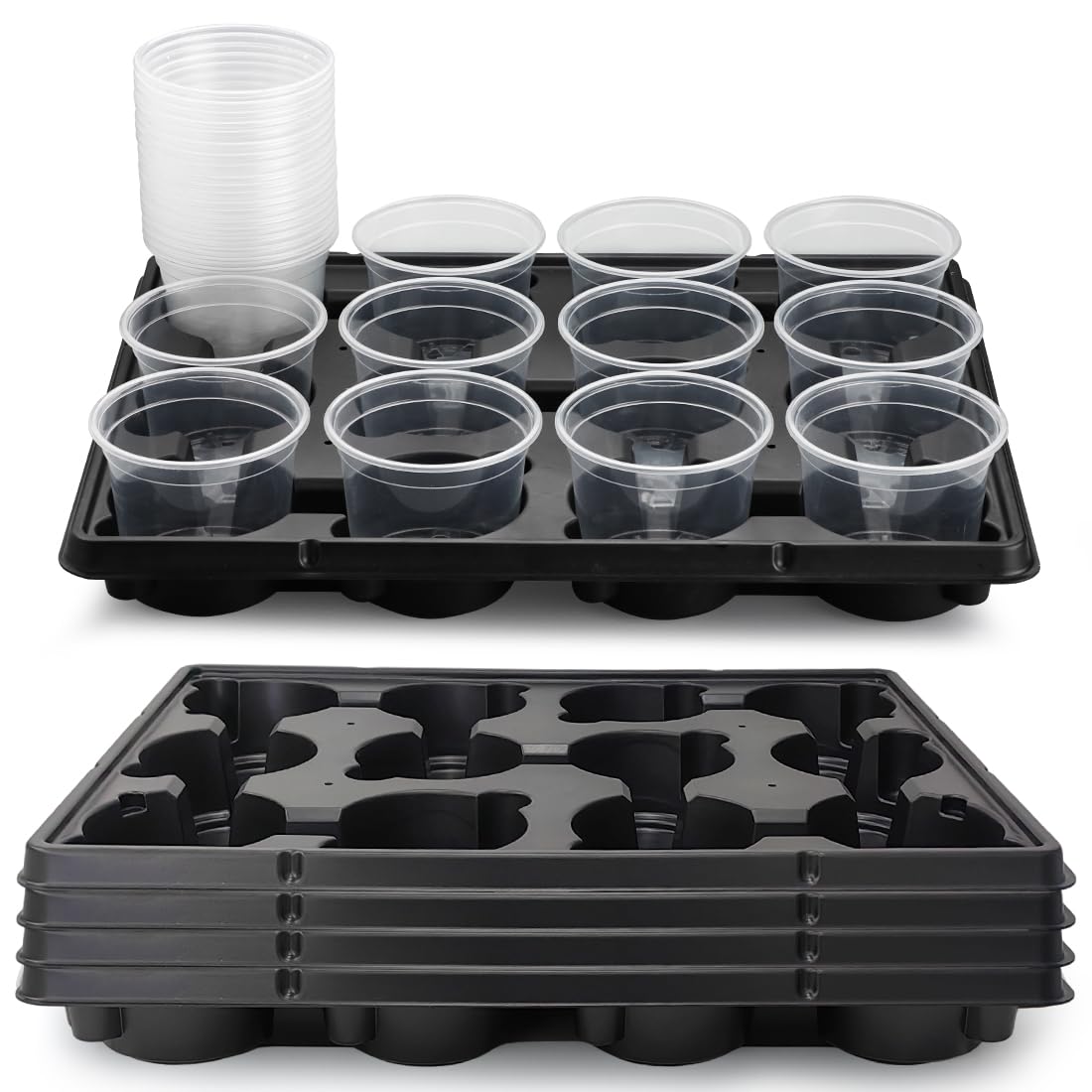 RooTrimmer 4 Inch Plastic Plant Pots 60 Pcs and 12 Cell Nursery Pots Trays 5 Pcs, Thick Sturdy Seeds Starting Germination Shuttle Carrying Trays, Black Small Planter Nursery Propagation 5 Sets