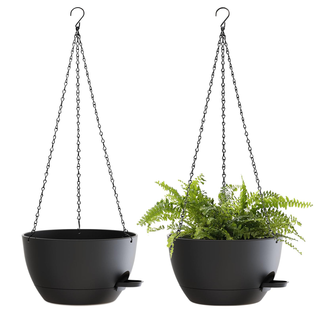 12 Inch Hanging Baskets 2 PC with Chains, Self-Watering Hanging Planters for Indoor Outdoor Plants, Plastic Hanging Flower Pots,Black