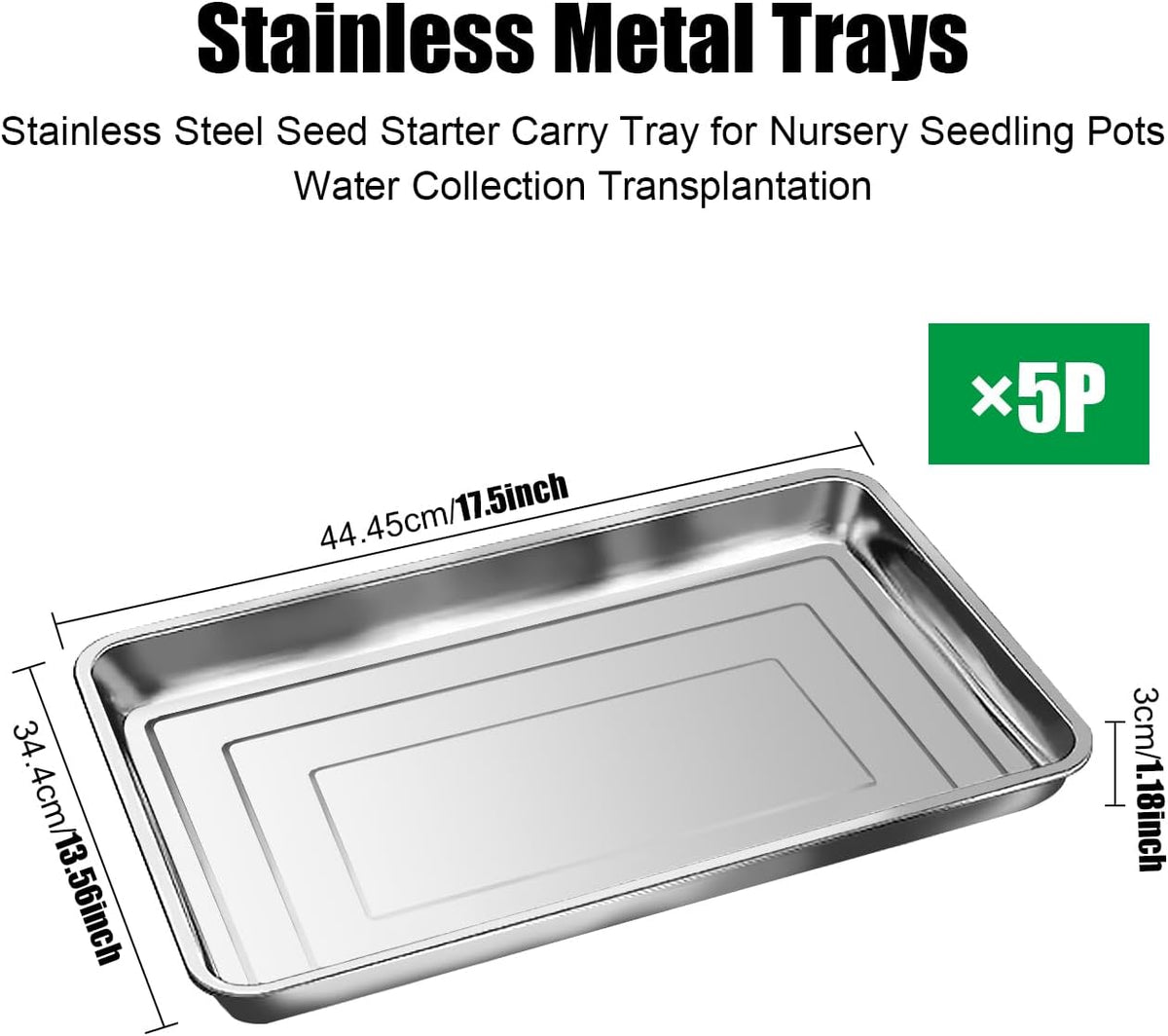 RooTrimmer 5 Pack Large Stainless Steel Seedling Trays, Heavy Duty Metal Water Catch Trays for Nursery Pots-Transplant, Seed Germination & Propagation Flats (17.5 inch×13.56 inch, 1.18" Height)
