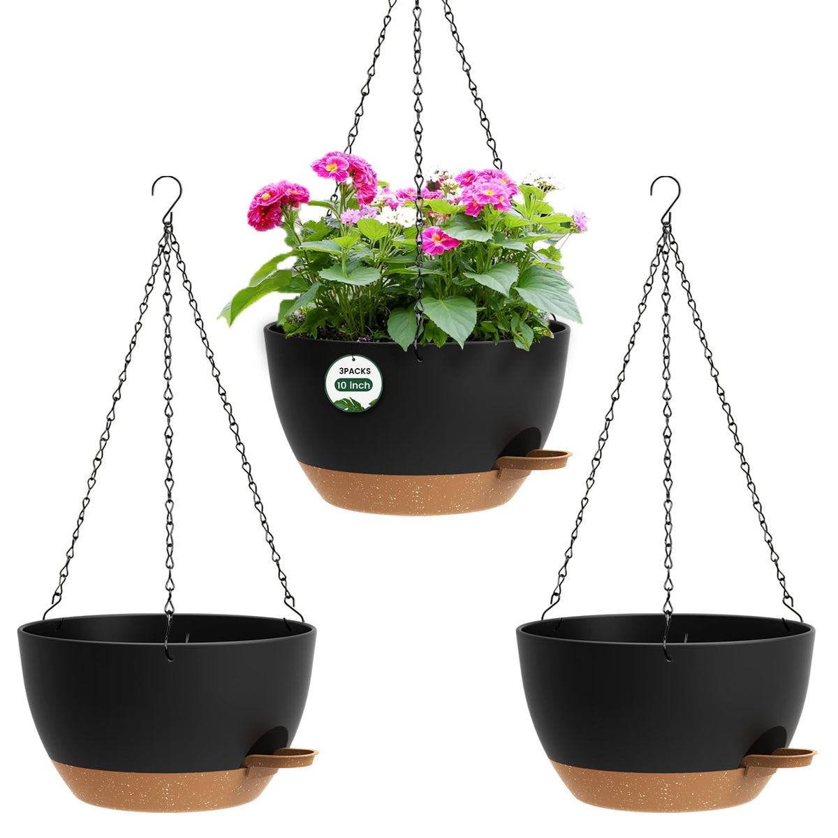 3 Pack 10 Hanging Flower Pots with Chains Self Watering Plastic Planters for Indoor Outdoor Plants, Sturdy Triangular Iron Chain Design for Garden PorchPlastic Hanging Flower pots (3, Black)