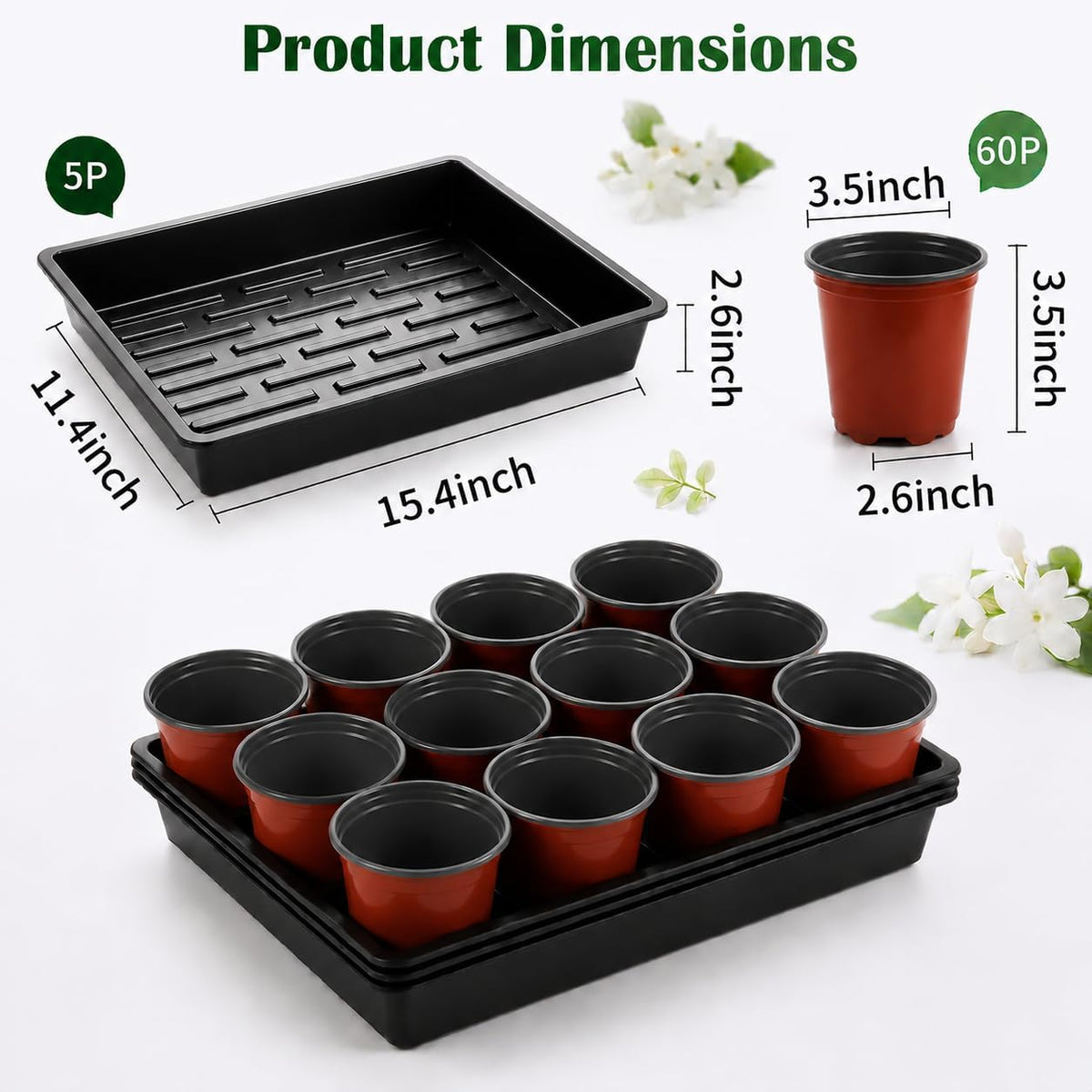 60pcs 3.5 inch Plastic Nursery Pots and 5 Pack Seedling Tray