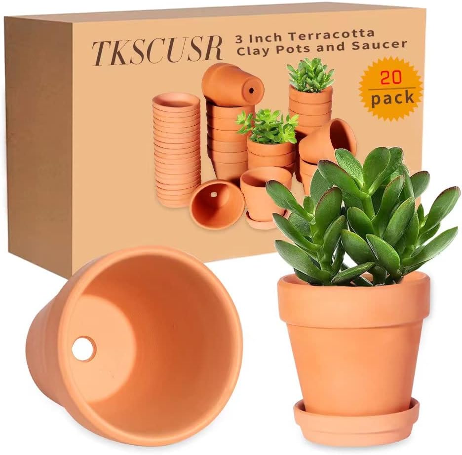 TKSCUSR 3 Inch Terracotta Pots with Saucer-20 Pack，Cactus Terra Cotta Flower Pot with Drainage，Succulent Nursery Clay Pots Great for Plants,DIY Crafts, Wedding Favor