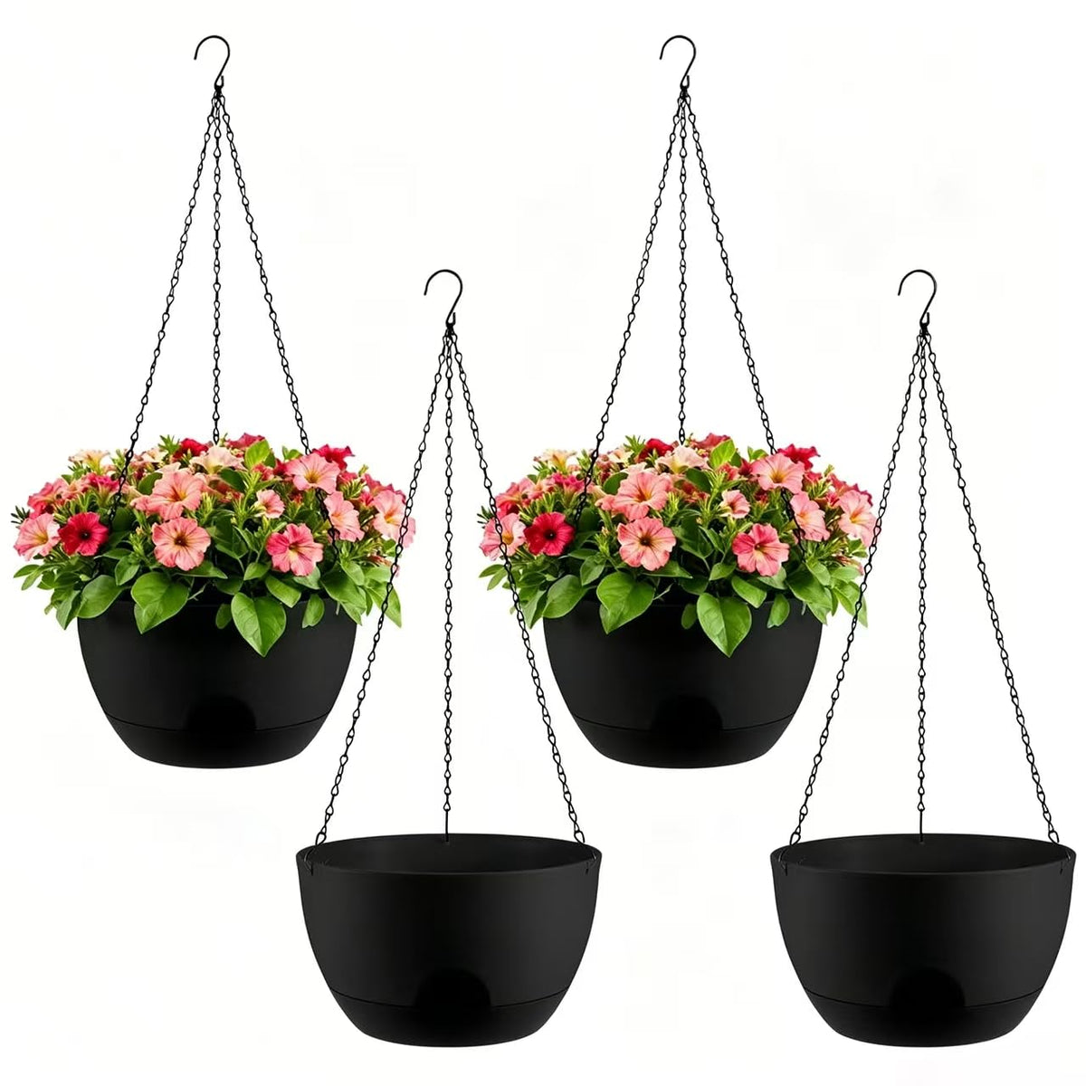4-Piece Set of 8-Inch Hanging Planters with Automatic Watering System and Drip Tray, Includes Metal Chain, Suitable for Various Indoor and Outdoor Plants and Flowers, Black-Brown
