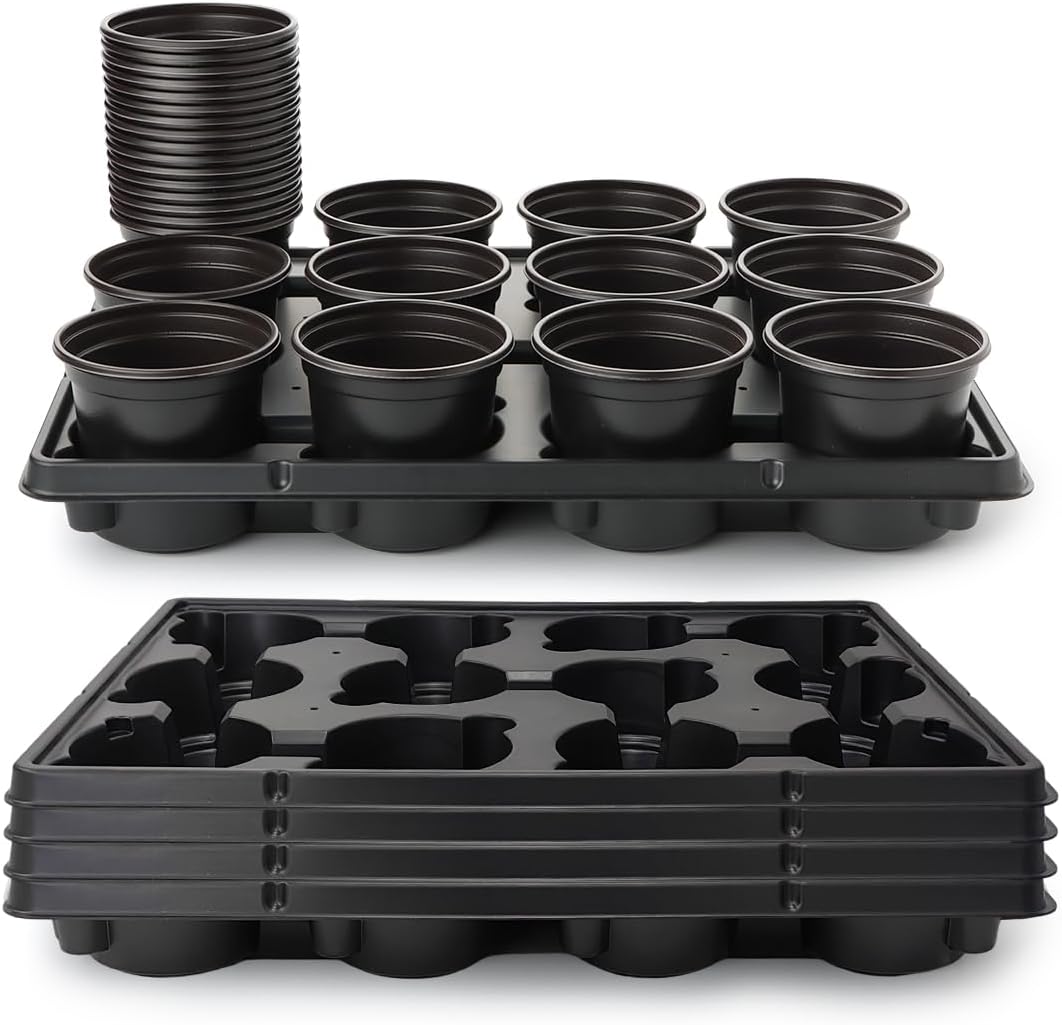 RooTrimmer 4 Inch Plastic Plant Pots 60 Pcs and 12 Cell Nursery Pots Trays 5 Pcs, Thick Sturdy Seeds Starting Germination Shuttle Carrying Trays, Black Small Planter Nursery Propagation 5 Sets