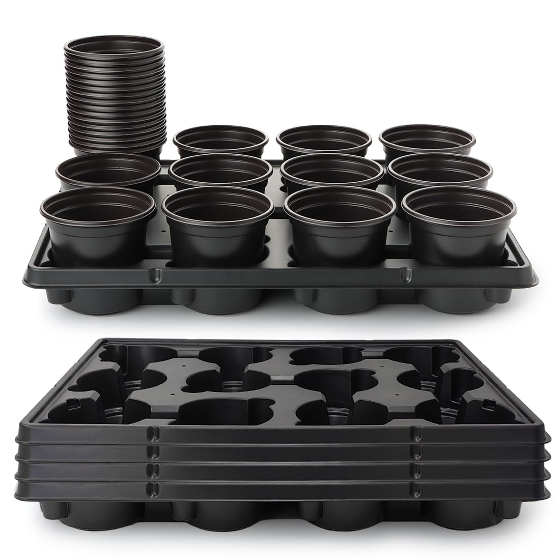 RooTrimmer 12 Cell Round Nursery Pots Trays Thickened Durable Seedling Pots Shuttle Carrying Trays for Holding 4 inch Nursery Pots (16.85" × 12.6", 10-Pack)