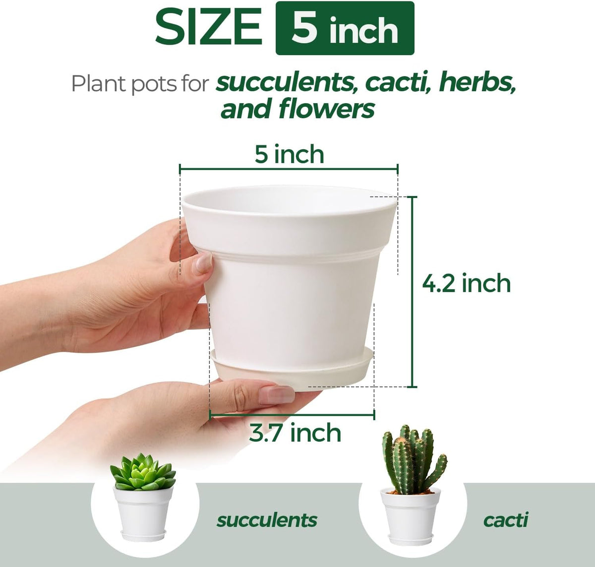 T4U Small Plant Pots 5 Inch 8 Pack, Plastic Indoor Flower Pots Saucer White