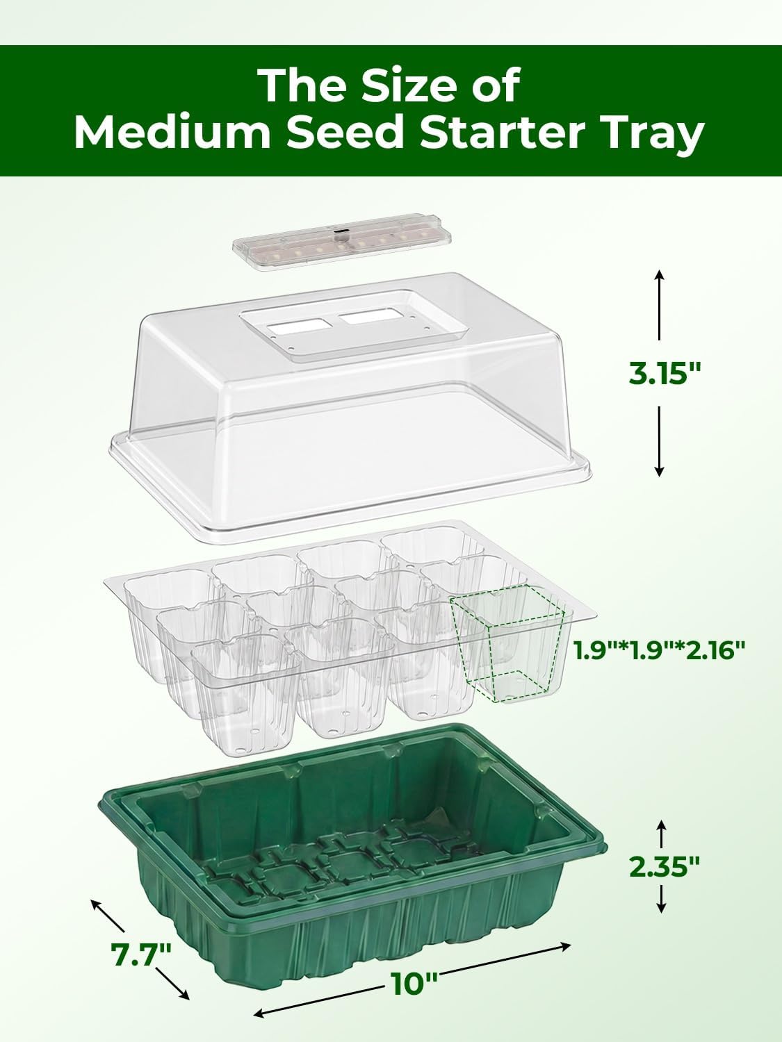 Seed Starter Tray 3 Pack with Heating Mat & 24 Full Spectrum LEDs Grow Light – Auto Cycle Timer, Humidity Dome Ventilation Cover, Drainage Holes, Includes Gardening Tools – Green Version