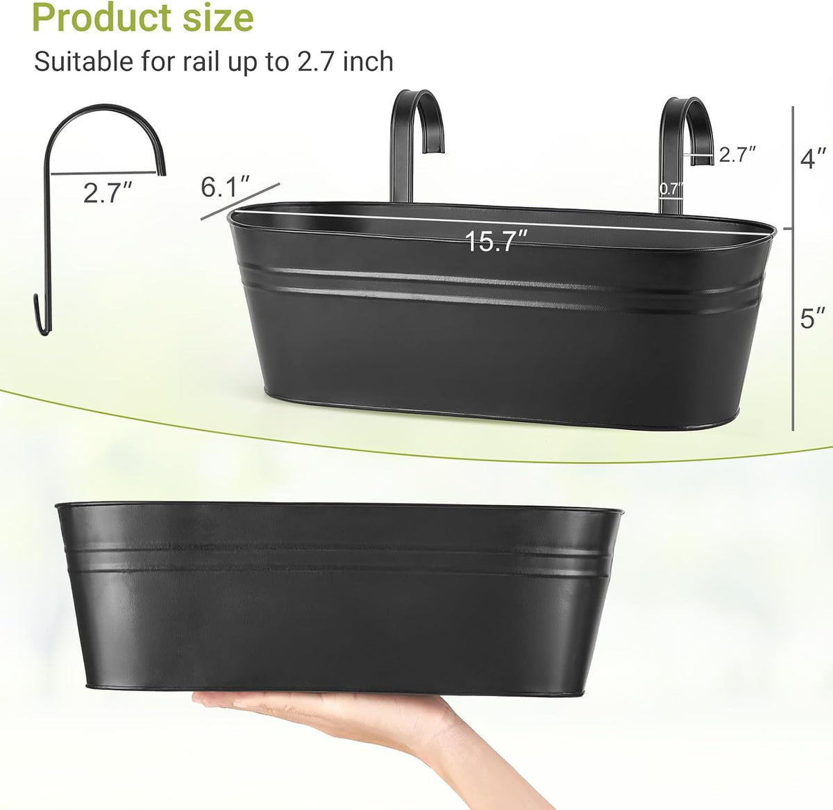 Dahey 15 Inches Railing Planter Box 3 Pcs Metal Hanging Flower Pots, Black