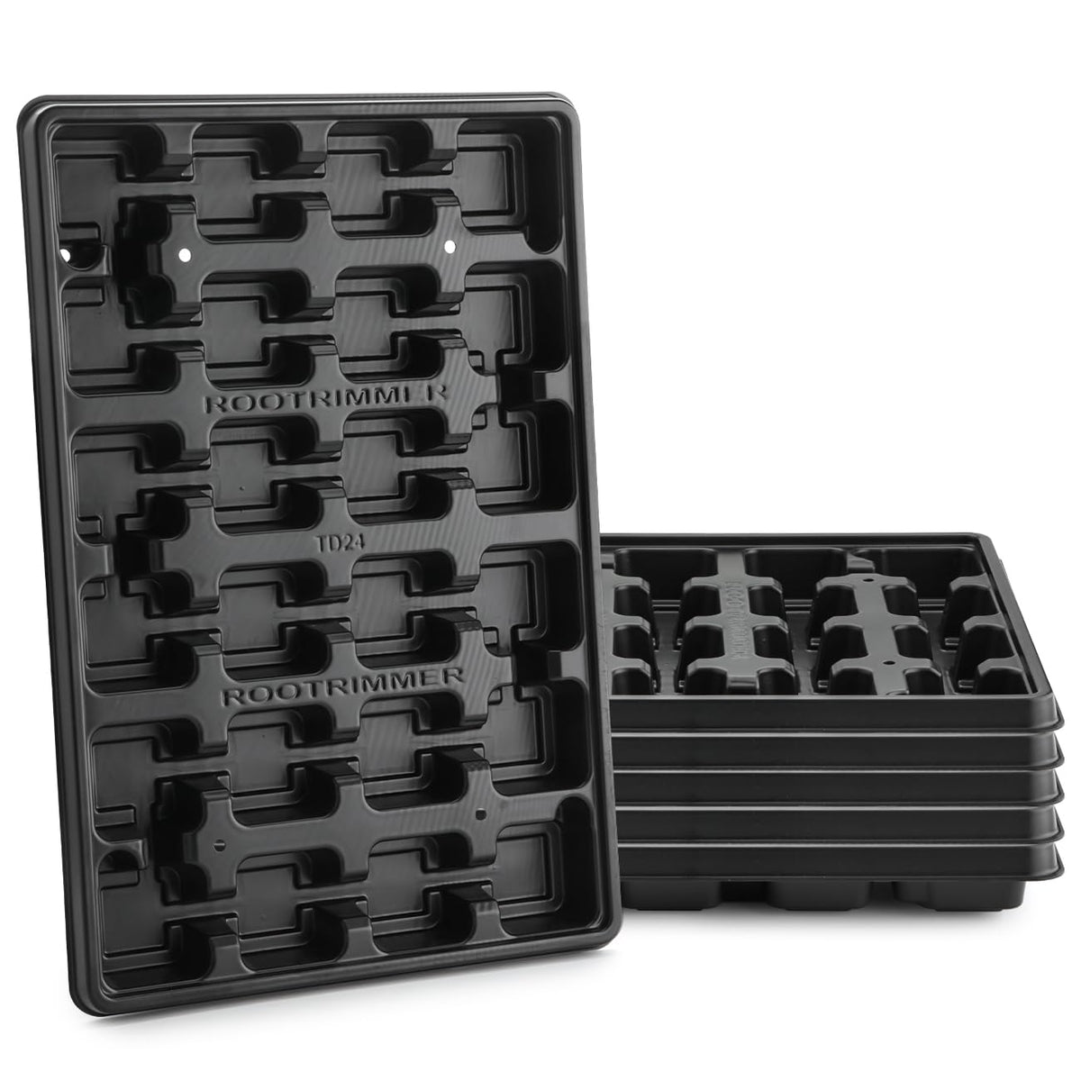 RooTrimmer 2.8 inch (7CM) Square Nursery Pots 120pcs (Green) and 24 Cell Nursery Pots Trays 5 Pack, Plastic Seedling Starter Tray with Drain Holes for Carrying and Holding Plant Pot(17"x11"x1.6")