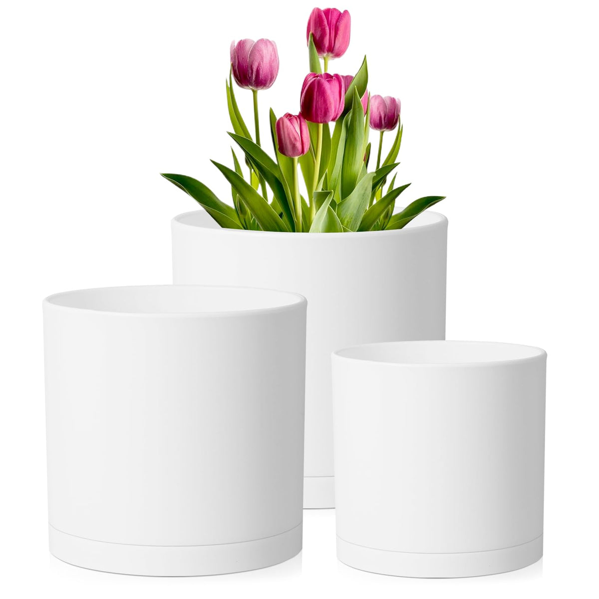 Meowell 8/7/6 inch Plant Pots, 3 Set Cylinder Flower Pots for Outdoor Indoor Plants, Decorative Plastic Planters with Drainage Holes and Saucers for Garden House Plants, Black