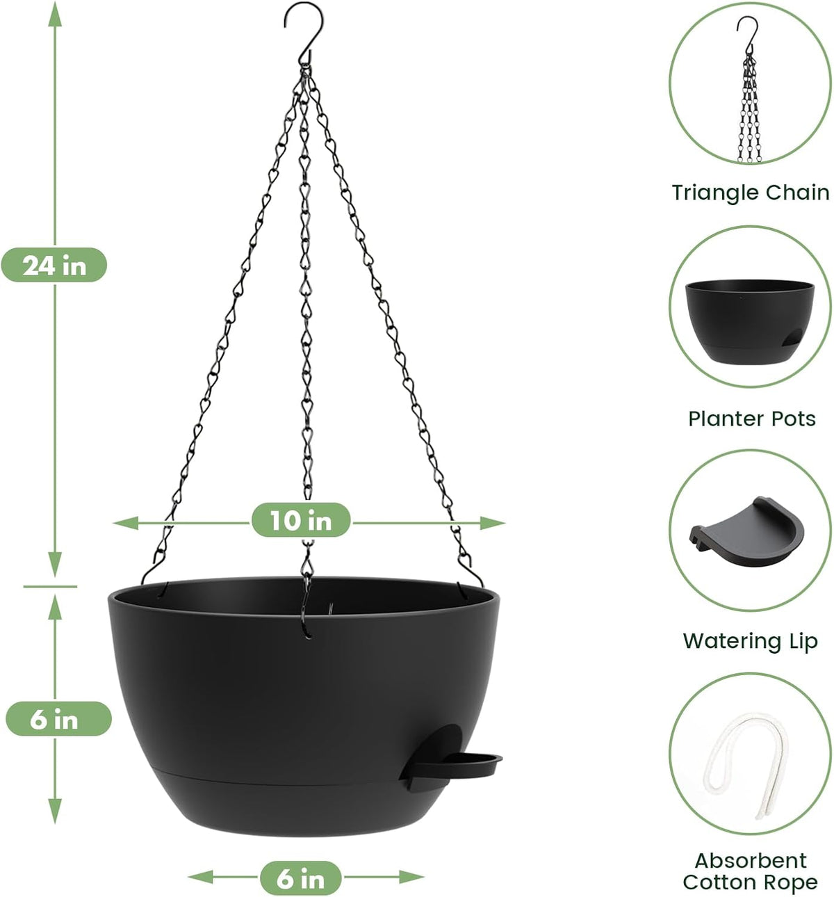 3 Pack 10 Hanging Flower Pots with Chains Self Watering Plastic Planters for Indoor Outdoor Plants, Sturdy Triangular Iron Chain Design for Garden PorchPlastic Hanging Flower pots (3, Black)