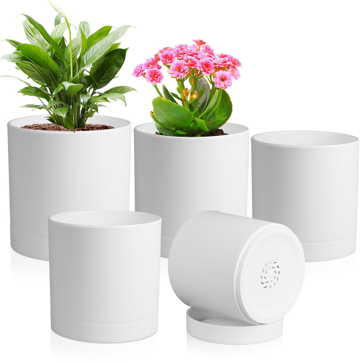 Meowell 8/7/6 inch Plant Pots, 3 Set Cylinder Flower Pots for Outdoor Indoor Plants, Decorative Plastic Planters with Drainage Holes and Saucers for Garden House Plants, Black