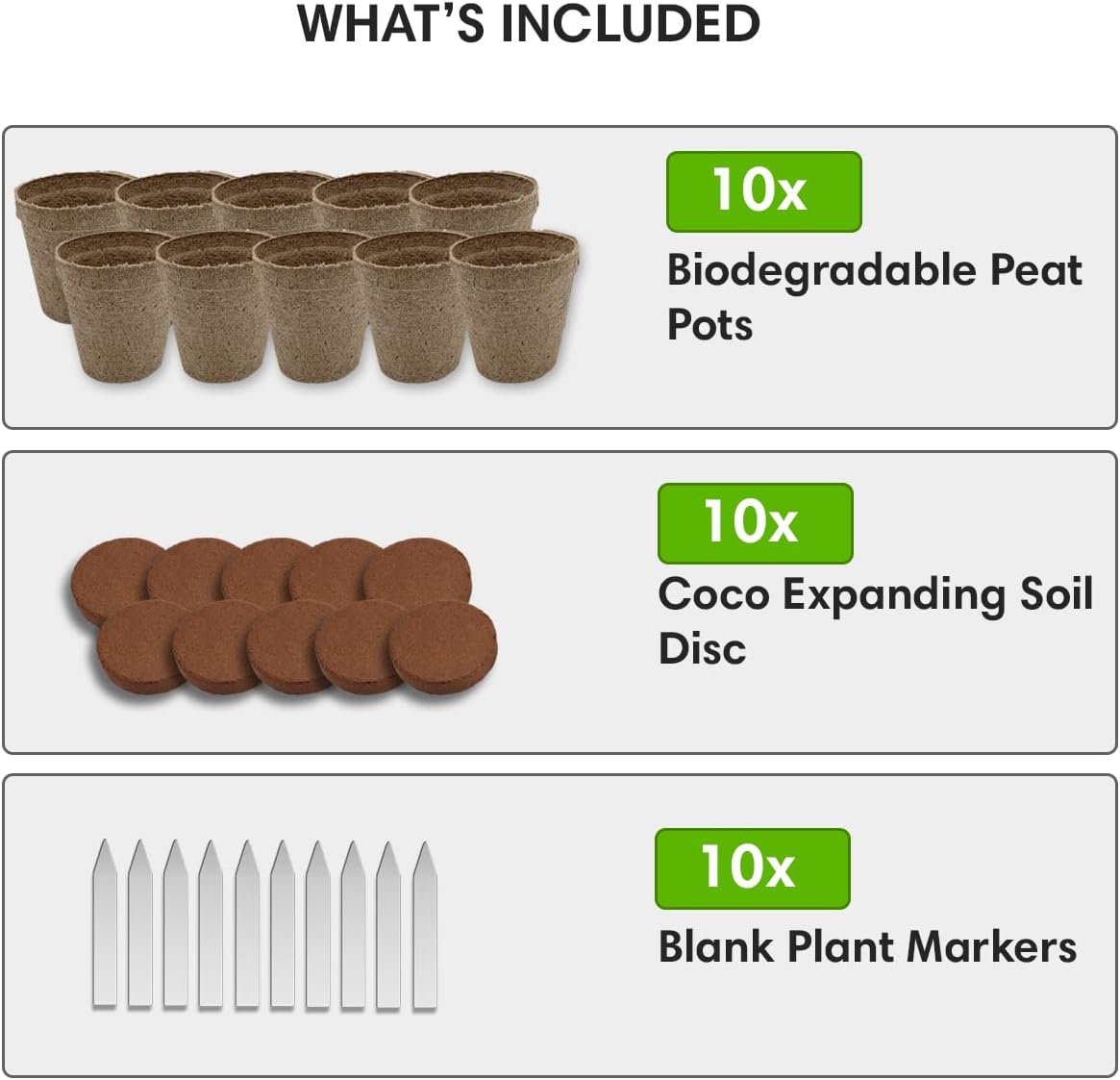 Seed Starter Kit - 10 Peat Pots, Coco Coir Discs & Markers