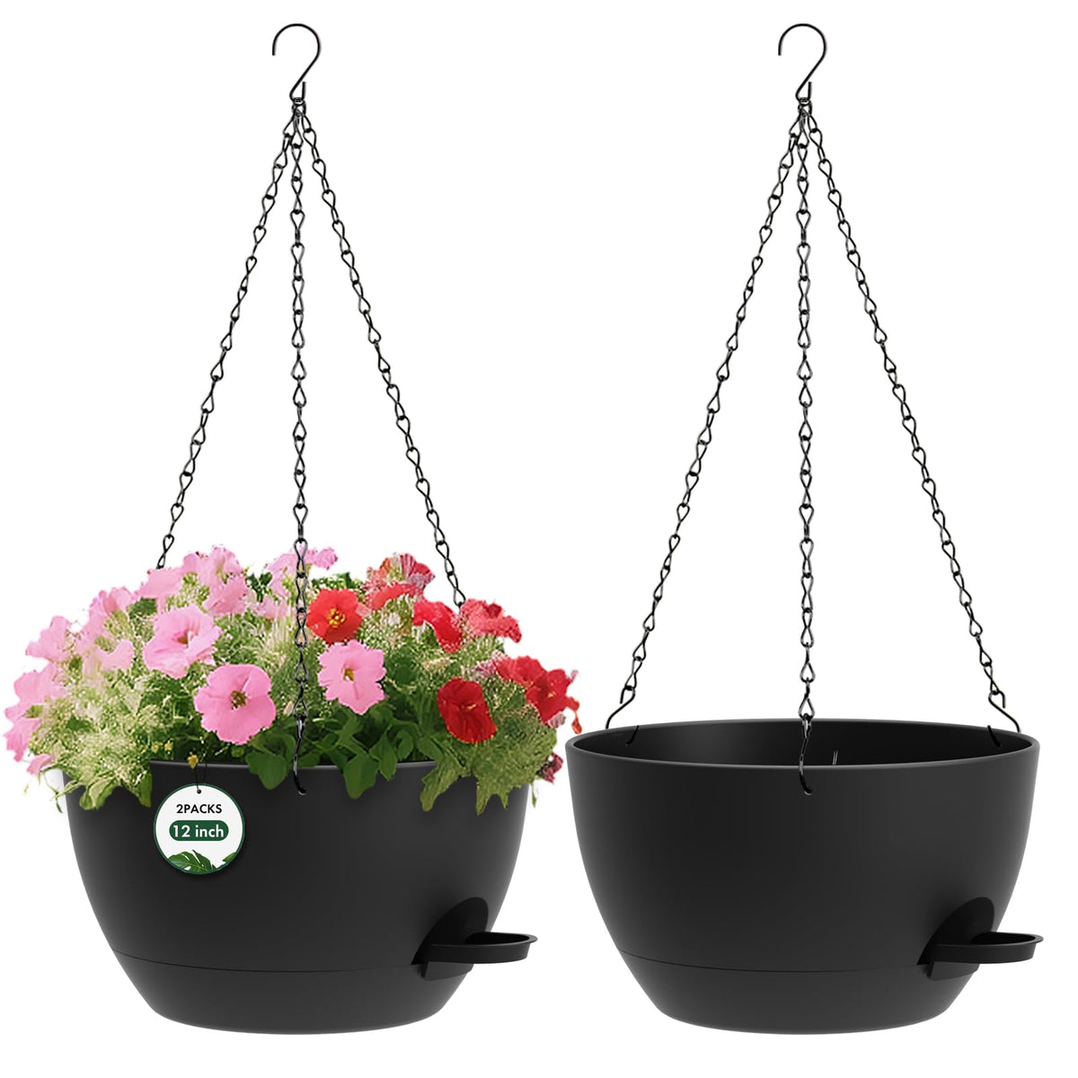 3 Pack 10 Hanging Flower Pots with Chains Self Watering Plastic Planters for Indoor Outdoor Plants, Sturdy Triangular Iron Chain Design for Garden PorchPlastic Hanging Flower pots (3, Black)