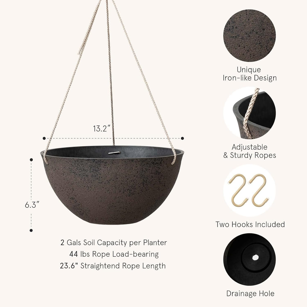 LA JOLIE MUSE Hanging Planter Baskets for Outdoor Plants, Set of 2, 13 Inch